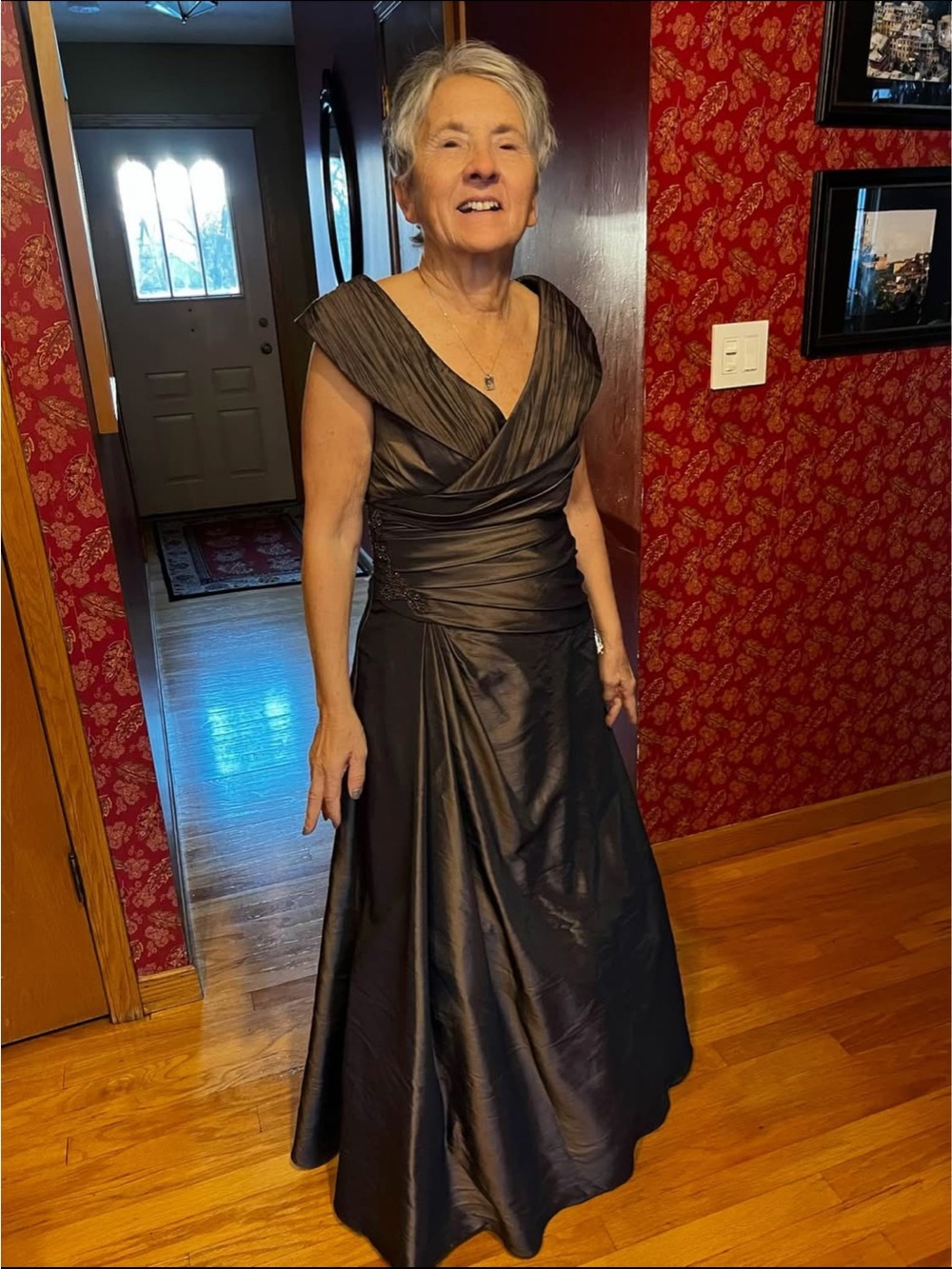 David's Bridal chocolate Brown Satin Ruched V-Neck Evening Gown
